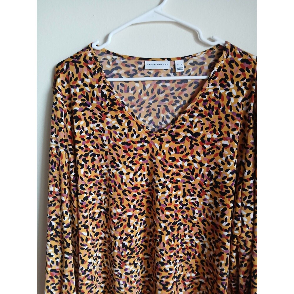 Susan Graver Liquid Knit Printed Long Sleeve V Neck Top Size XL Brown Multicolor